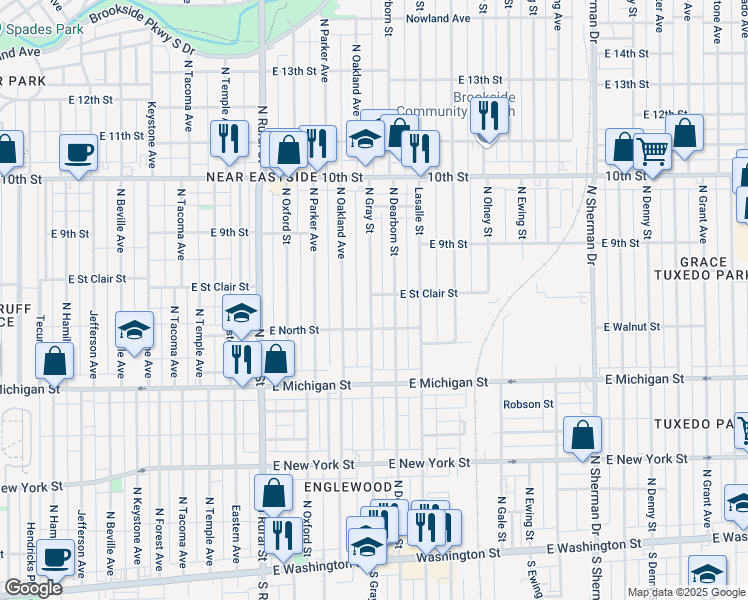 map of restaurants, bars, coffee shops, grocery stores, and more near 624 North Gray Street in Indianapolis