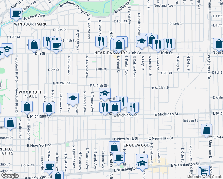 map of restaurants, bars, coffee shops, grocery stores, and more near 629 North Rural Street in Indianapolis