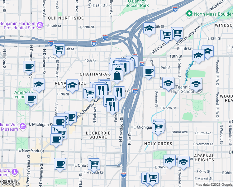 map of restaurants, bars, coffee shops, grocery stores, and more near 817 East Saint Clair Street in Indianapolis