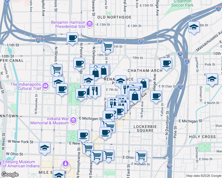 map of restaurants, bars, coffee shops, grocery stores, and more near 356 East 7th Street in Indianapolis