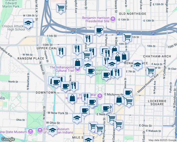 map of restaurants, bars, coffee shops, grocery stores, and more near 710 North Meridian Street in Indianapolis