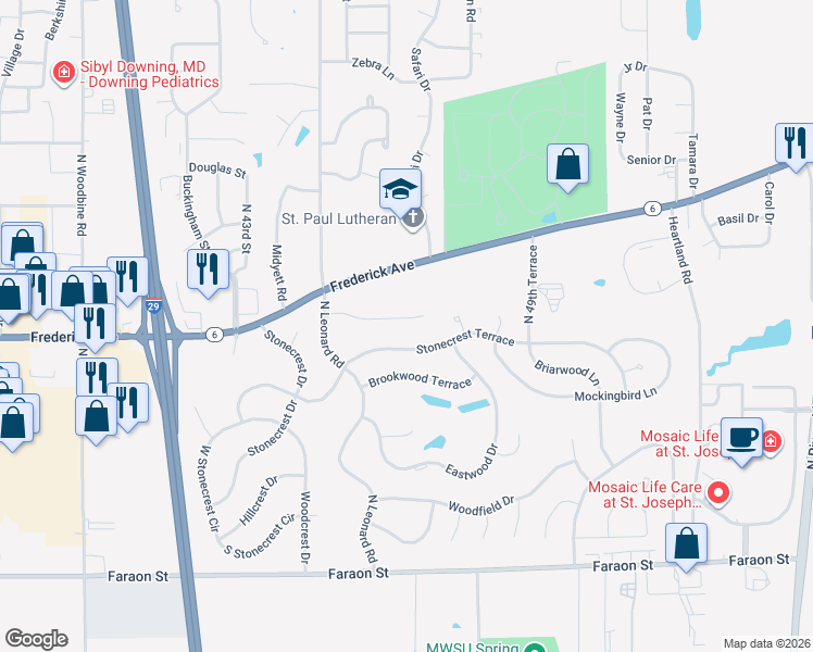 map of restaurants, bars, coffee shops, grocery stores, and more near 4619 Stonecrest Terrace in Saint Joseph
