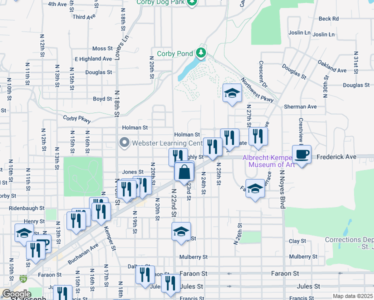 map of restaurants, bars, coffee shops, grocery stores, and more near 136 Park Lane in Saint Joseph