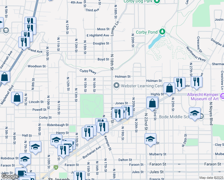 map of restaurants, bars, coffee shops, grocery stores, and more near 1211 North 18th Street in Saint Joseph