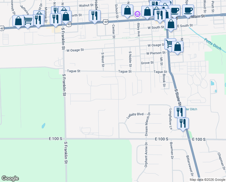map of restaurants, bars, coffee shops, grocery stores, and more near 734 Center Street in Greenfield