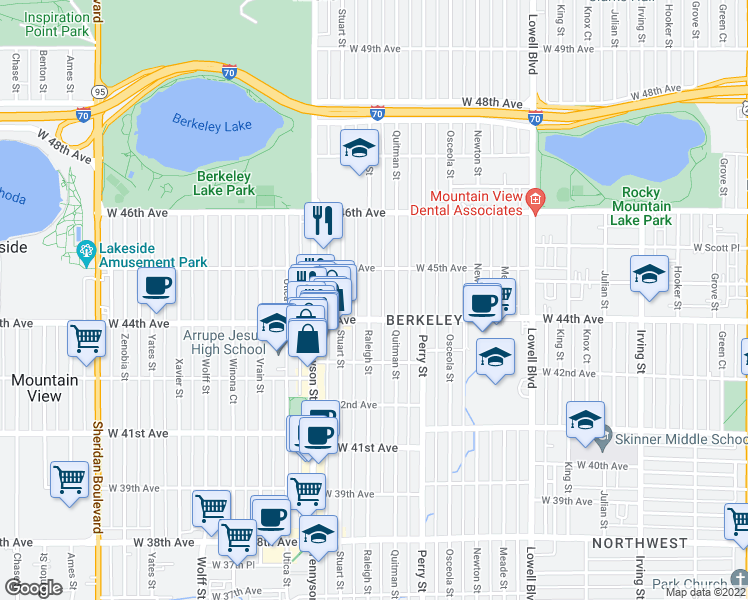map of restaurants, bars, coffee shops, grocery stores, and more near 4434 Raleigh Street in Denver