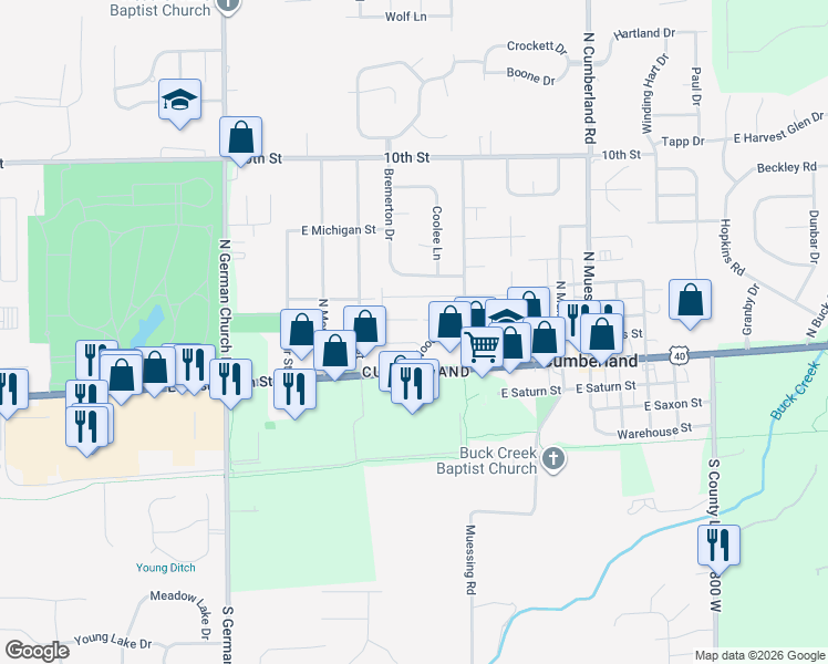 map of restaurants, bars, coffee shops, grocery stores, and more near 11415 Knollridge Lane in Indianapolis