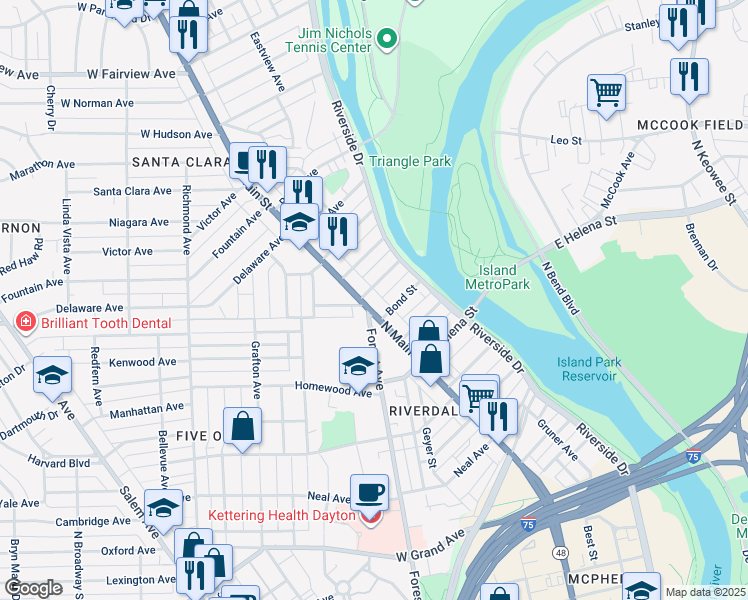 map of restaurants, bars, coffee shops, grocery stores, and more near 1422 North Main Street in Dayton