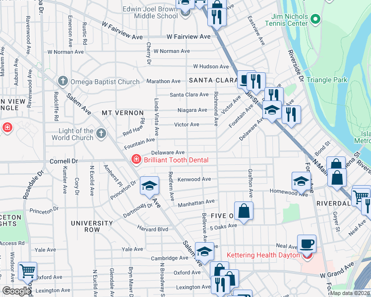 map of restaurants, bars, coffee shops, grocery stores, and more near 364 Delaware Avenue in Dayton