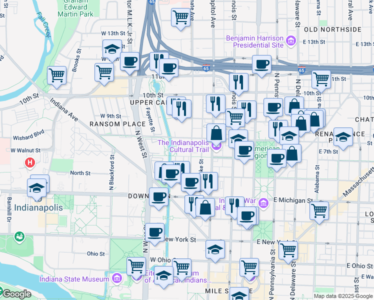 map of restaurants, bars, coffee shops, grocery stores, and more near 701 North Senate Avenue in Indianapolis