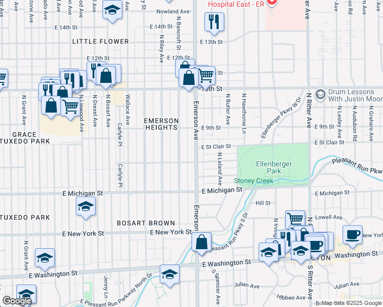 map of restaurants, bars, coffee shops, grocery stores, and more near 706 North Emerson Avenue in Indianapolis