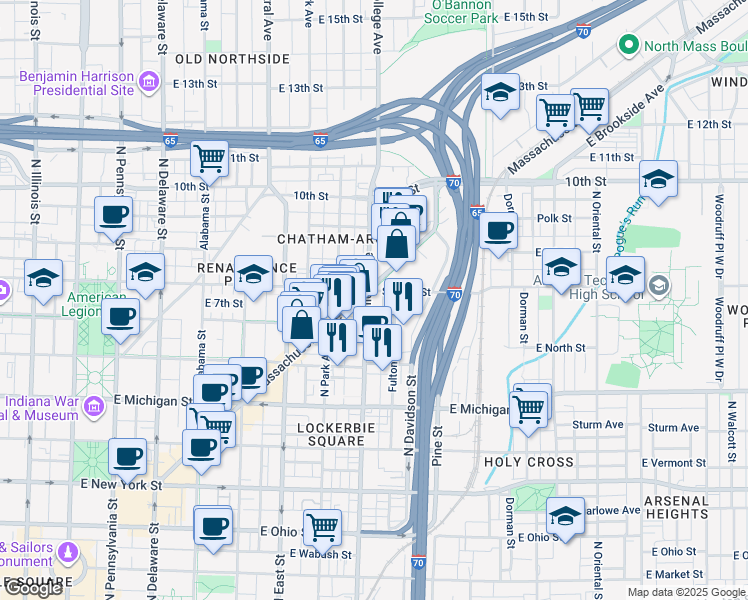 map of restaurants, bars, coffee shops, grocery stores, and more near 705 North College Avenue in Indianapolis