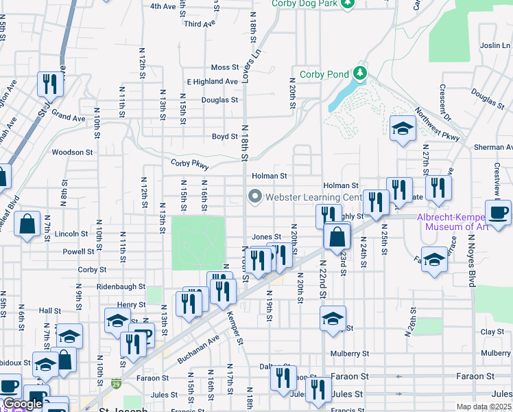 map of restaurants, bars, coffee shops, grocery stores, and more near 1211 North 18th Street in Saint Joseph