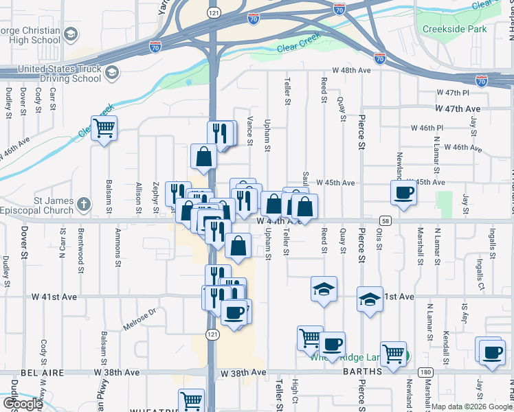 map of restaurants, bars, coffee shops, grocery stores, and more near 7301 West 44th Avenue in Wheat Ridge