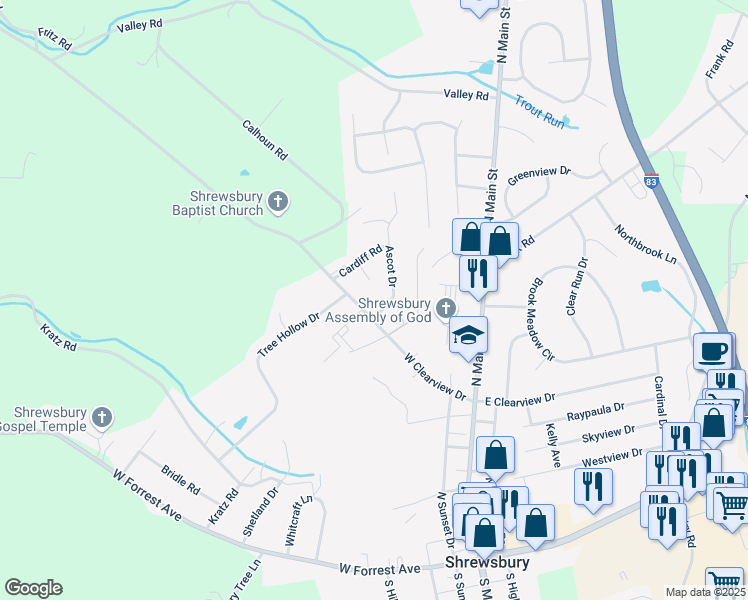 map of restaurants, bars, coffee shops, grocery stores, and more near 49 West Clearview Drive in Shrewsbury