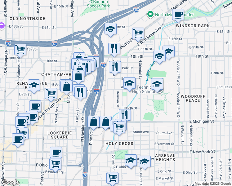 map of restaurants, bars, coffee shops, grocery stores, and more near 714 Dorman Street in Indianapolis