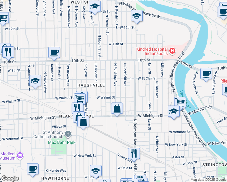 map of restaurants, bars, coffee shops, grocery stores, and more near 2320 West Walnut Street in Indianapolis