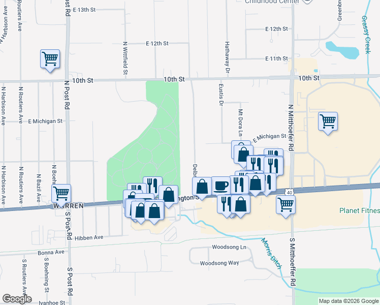 map of restaurants, bars, coffee shops, grocery stores, and more near 320 Delbrick Lane in Indianapolis