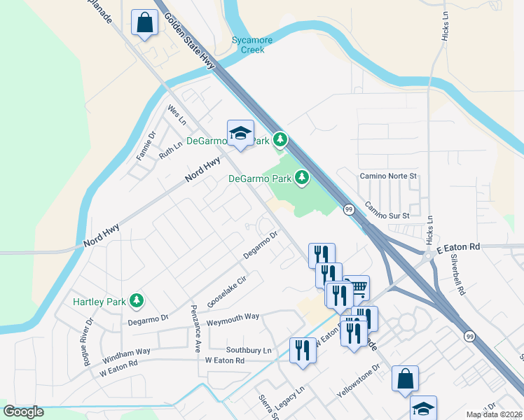map of restaurants, bars, coffee shops, grocery stores, and more near 3387 Bodero Lane in Chico