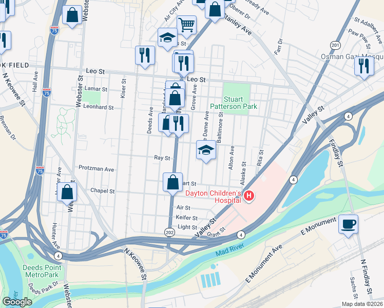 map of restaurants, bars, coffee shops, grocery stores, and more near 53 Notre Dame Avenue in Dayton