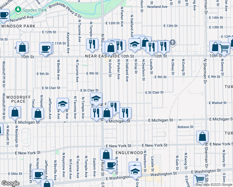 map of restaurants, bars, coffee shops, grocery stores, and more near 621 North Oxford Street in Indianapolis