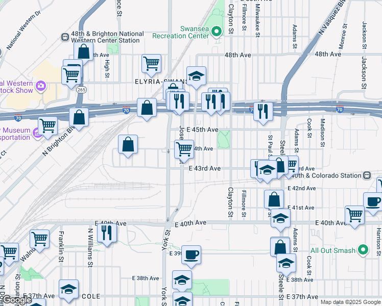map of restaurants, bars, coffee shops, grocery stores, and more near 4324 Josephine Street in Denver