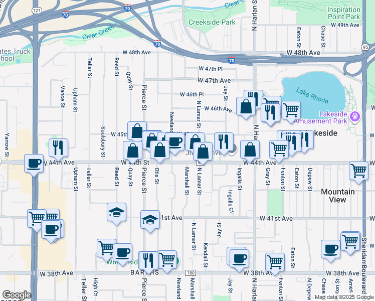 map of restaurants, bars, coffee shops, grocery stores, and more near 6545 West 44th Avenue in Wheat Ridge