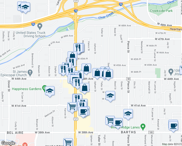 map of restaurants, bars, coffee shops, grocery stores, and more near 7301 West 44th Avenue in Wheat Ridge
