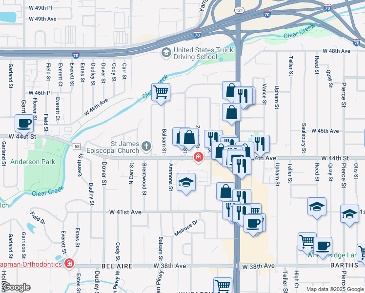 map of restaurants, bars, coffee shops, grocery stores, and more near 8035 West 44th Avenue in Wheat Ridge