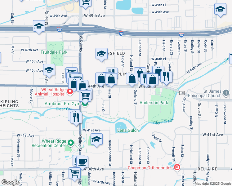 map of restaurants, bars, coffee shops, grocery stores, and more near 4330 Iris Street in Wheat Ridge