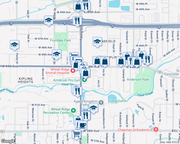 map of restaurants, bars, coffee shops, grocery stores, and more near in Wheat Ridge