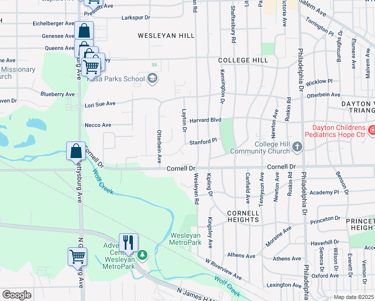 map of restaurants, bars, coffee shops, grocery stores, and more near 24 Roger Court in Dayton