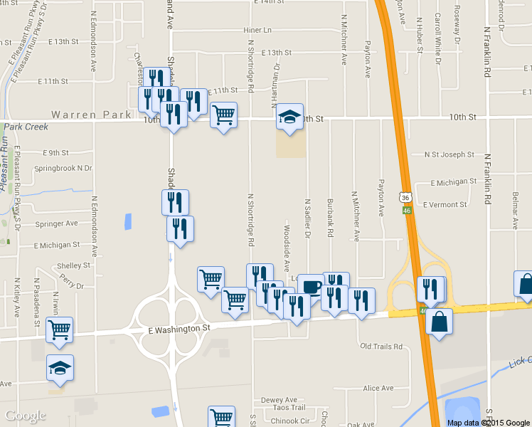 map of restaurants, bars, coffee shops, grocery stores, and more near 251 North Shortridge Road in Indianapolis