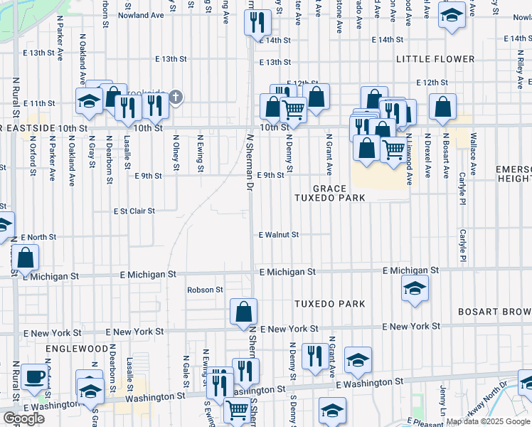 map of restaurants, bars, coffee shops, grocery stores, and more near 720 North Bradley Avenue in Indianapolis
