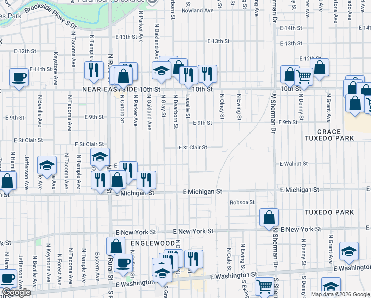 map of restaurants, bars, coffee shops, grocery stores, and more near 627 North Dearborn Street in Indianapolis