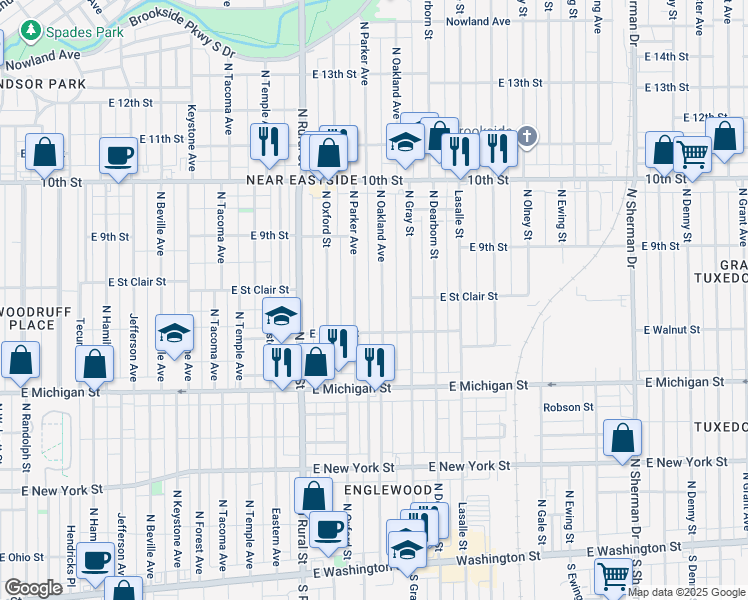 map of restaurants, bars, coffee shops, grocery stores, and more near 624 North Oakland Avenue in Indianapolis