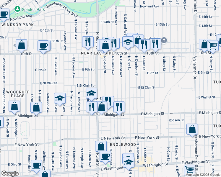 map of restaurants, bars, coffee shops, grocery stores, and more near 621 North Oxford Street in Indianapolis