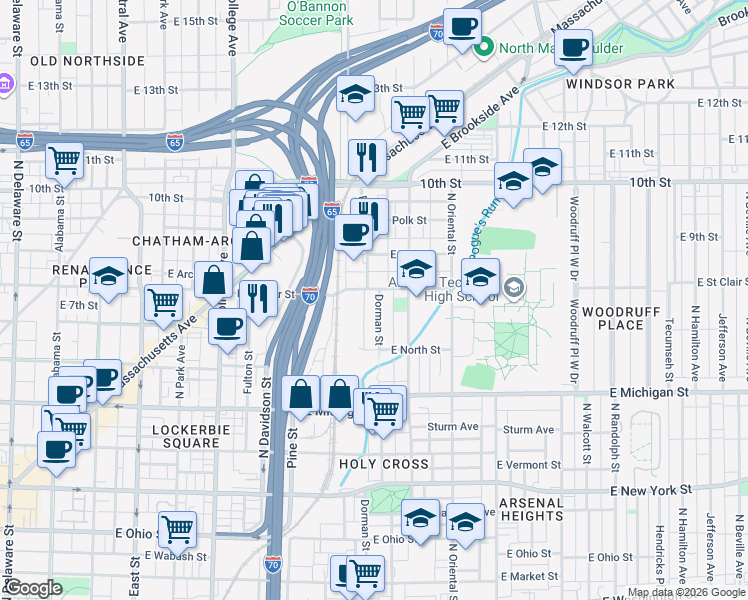 map of restaurants, bars, coffee shops, grocery stores, and more near 714 Dorman Street in Indianapolis