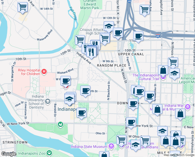 map of restaurants, bars, coffee shops, grocery stores, and more near 805 West Walnut Street in Indianapolis