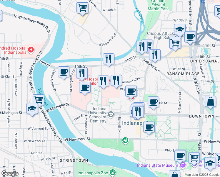 map of restaurants, bars, coffee shops, grocery stores, and more near 702 Barnhill Drive in Indianapolis