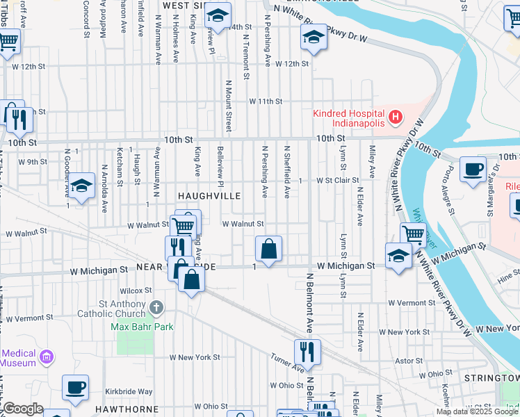 map of restaurants, bars, coffee shops, grocery stores, and more near 2320 West Walnut Street in Indianapolis