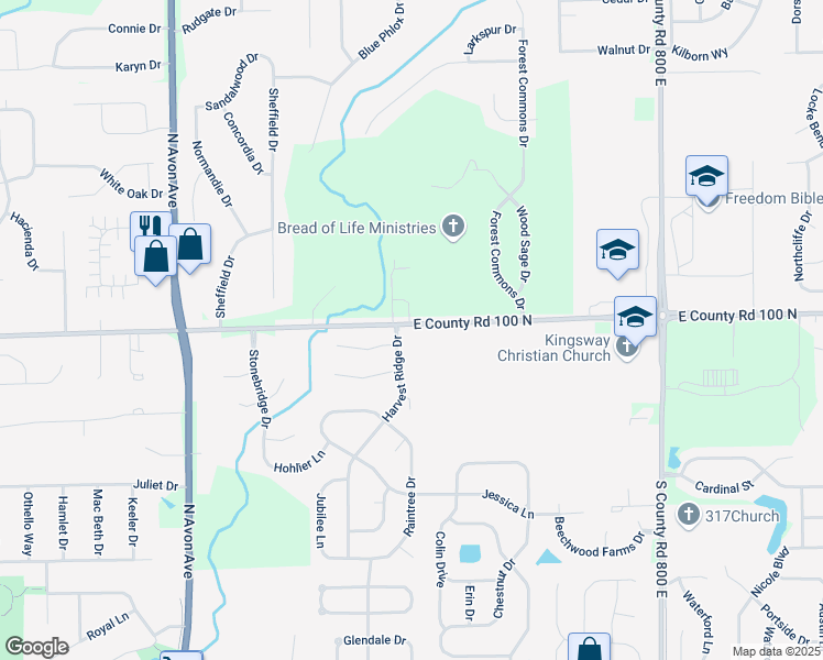 map of restaurants, bars, coffee shops, grocery stores, and more near 975 Harvest Ridge Drive in Avon