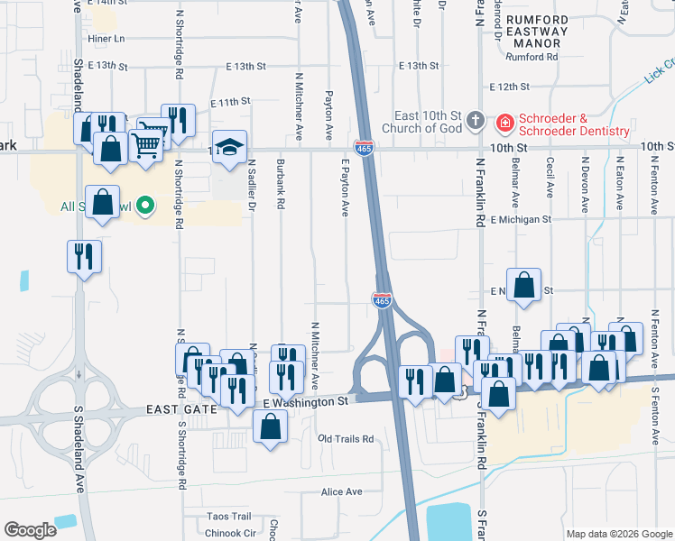 map of restaurants, bars, coffee shops, grocery stores, and more near 516 Payton Street in Indianapolis