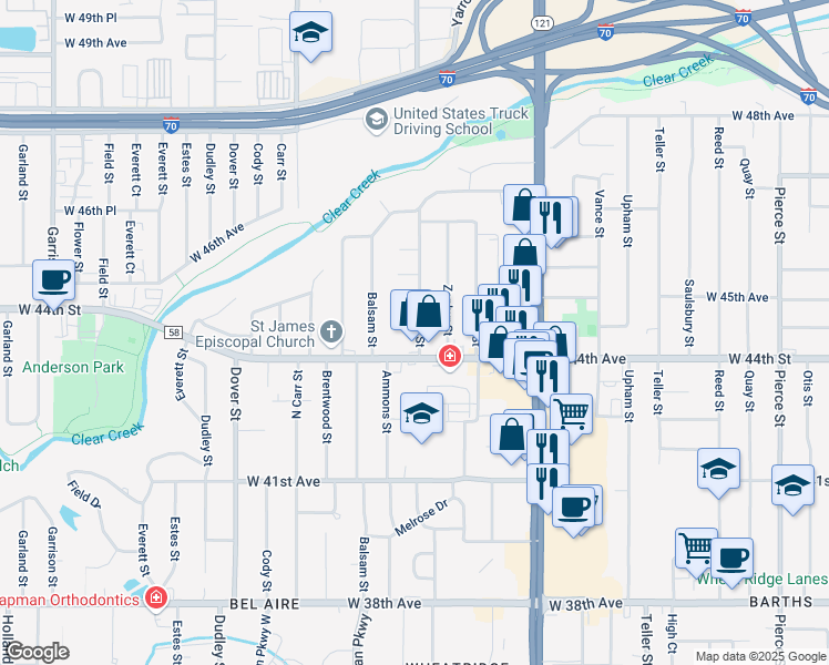 map of restaurants, bars, coffee shops, grocery stores, and more near 8035 West 44th Avenue in Wheat Ridge