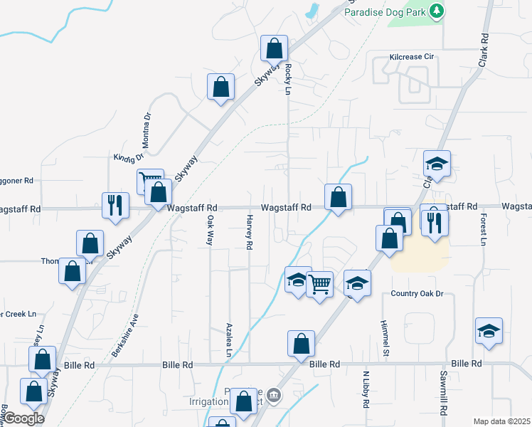 map of restaurants, bars, coffee shops, grocery stores, and more near 1270 Wagstaff Road in Paradise