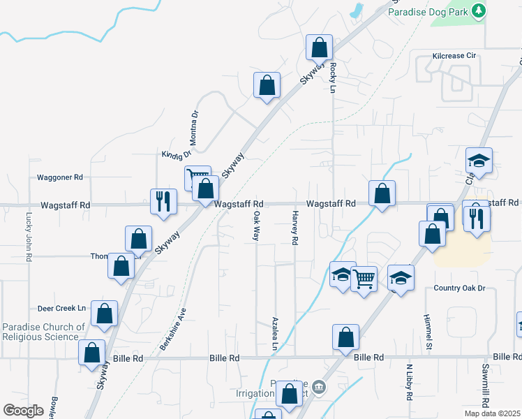 map of restaurants, bars, coffee shops, grocery stores, and more near 6388 Oak Way in Paradise