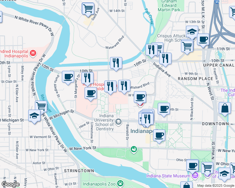 map of restaurants, bars, coffee shops, grocery stores, and more near 705 Riley Hospital Drive in Indianapolis