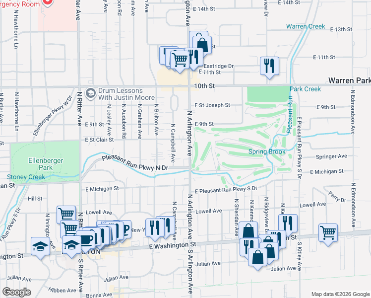 map of restaurants, bars, coffee shops, grocery stores, and more near 726 North Arlington Avenue in Indianapolis