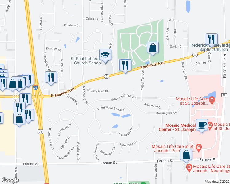 map of restaurants, bars, coffee shops, grocery stores, and more near 4619 Stonecrest Terrace in Saint Joseph