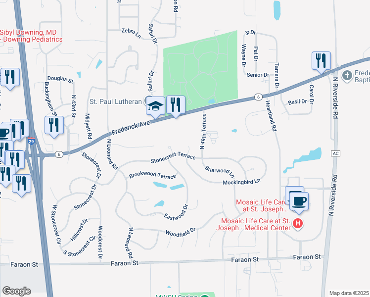 map of restaurants, bars, coffee shops, grocery stores, and more near 1102 Mockingbird Court in Saint Joseph